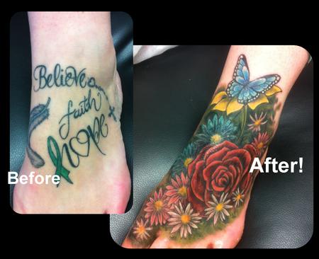 Tattoos - Feminine Flowers Coverup Foot Tattoo - 115008
